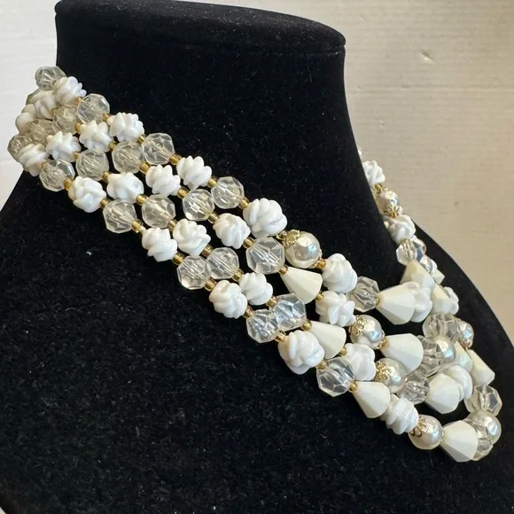 Vintage West Germany Multifaceted Four Strand Lucite Beads Faux Pearl Necklace - Picture 5 of 16